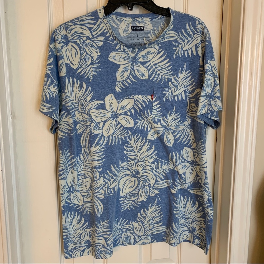 Mens Large Levi’s Light Blue Floral Print Tee Tshirt Hawaiian Aloha EUC No Flaws